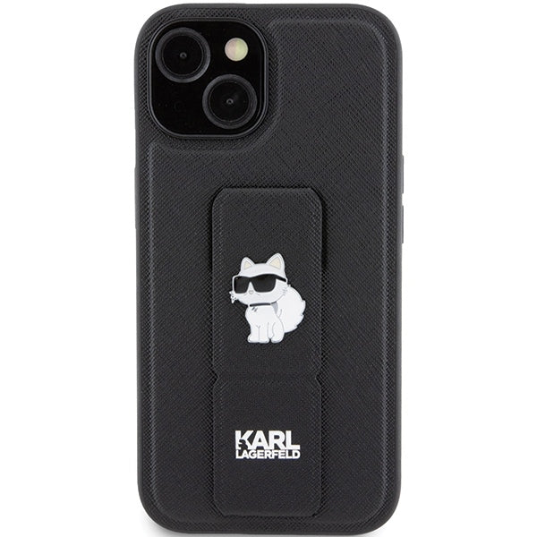 Custodia MagSafe per Apple iPhone 15, Karl Lagerfeld, Saffiano Gripstand Choupette, Nera