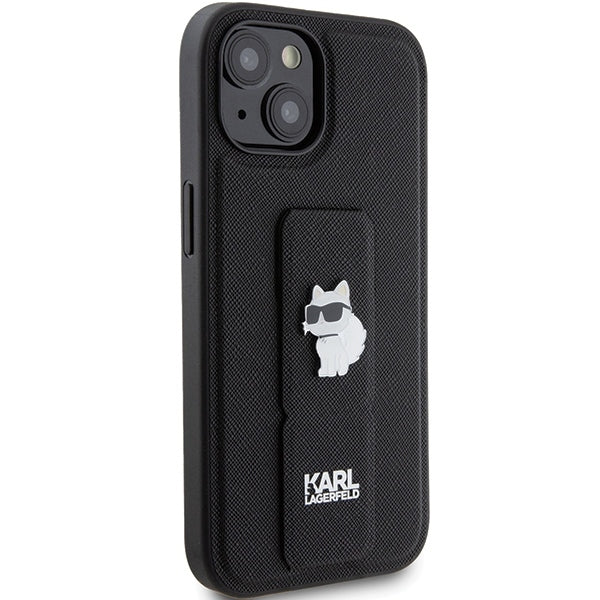 Custodia MagSafe per Apple iPhone 15, Karl Lagerfeld, Saffiano Gripstand Choupette, Nera