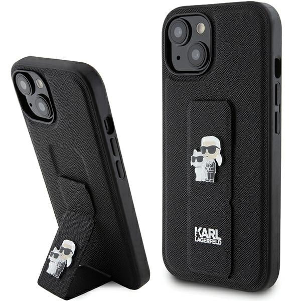 Custodia MagSafe per Apple iPhone 15, Karl Lagerfeld, Saffiano Gripstand Karl & Choupette, Nera