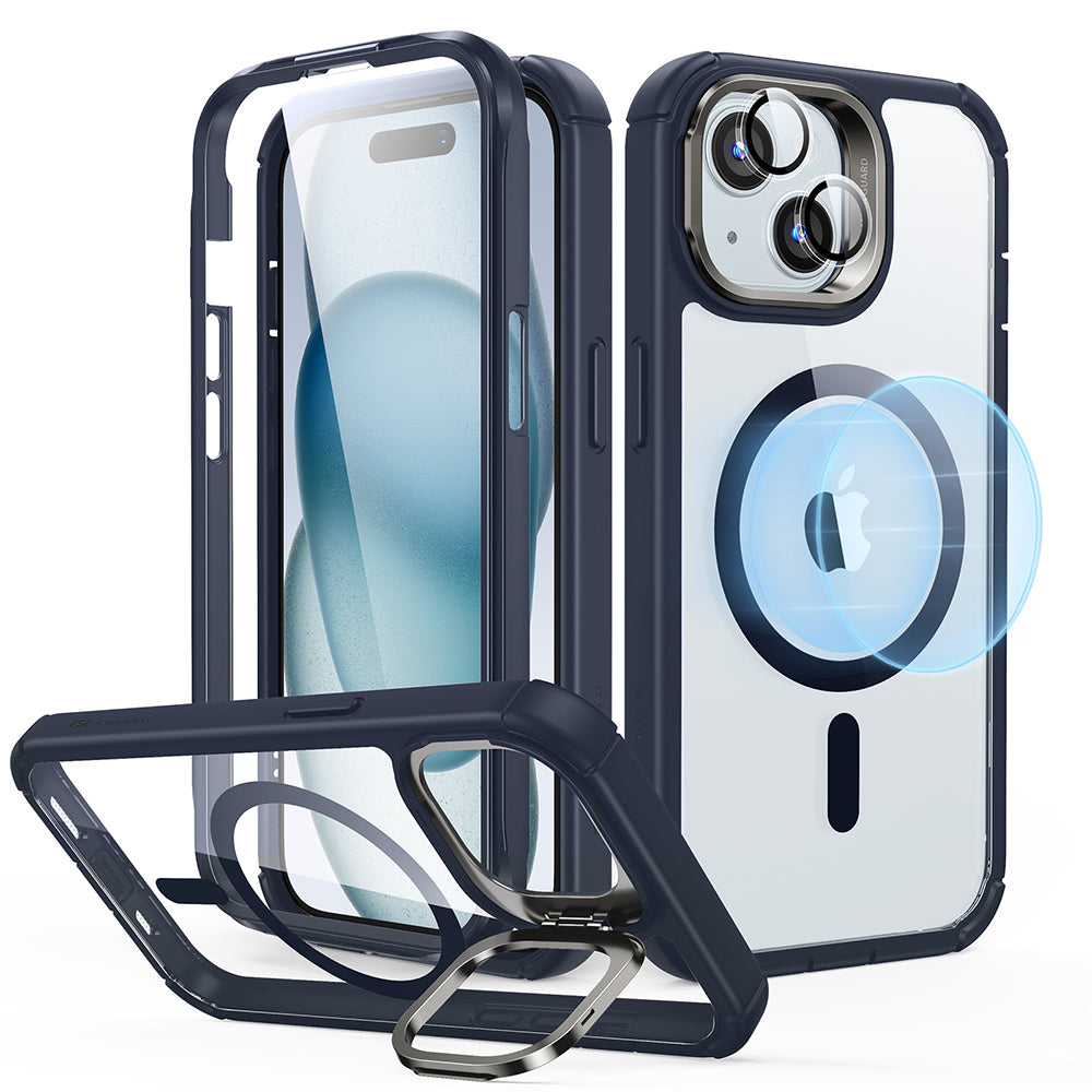 Custodia MagSafe per Apple iPhone 15 Plus, ESR, Armor Tough Kickstand, Blu Navy Trasparente