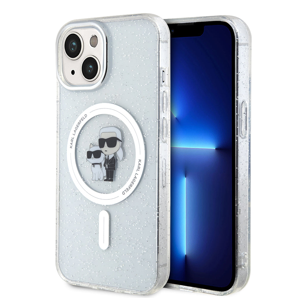 Custodia MagSafe per Apple iPhone 15 Plus, Karl Lagerfeld, Glitter Karl & Choupette, Trasparente