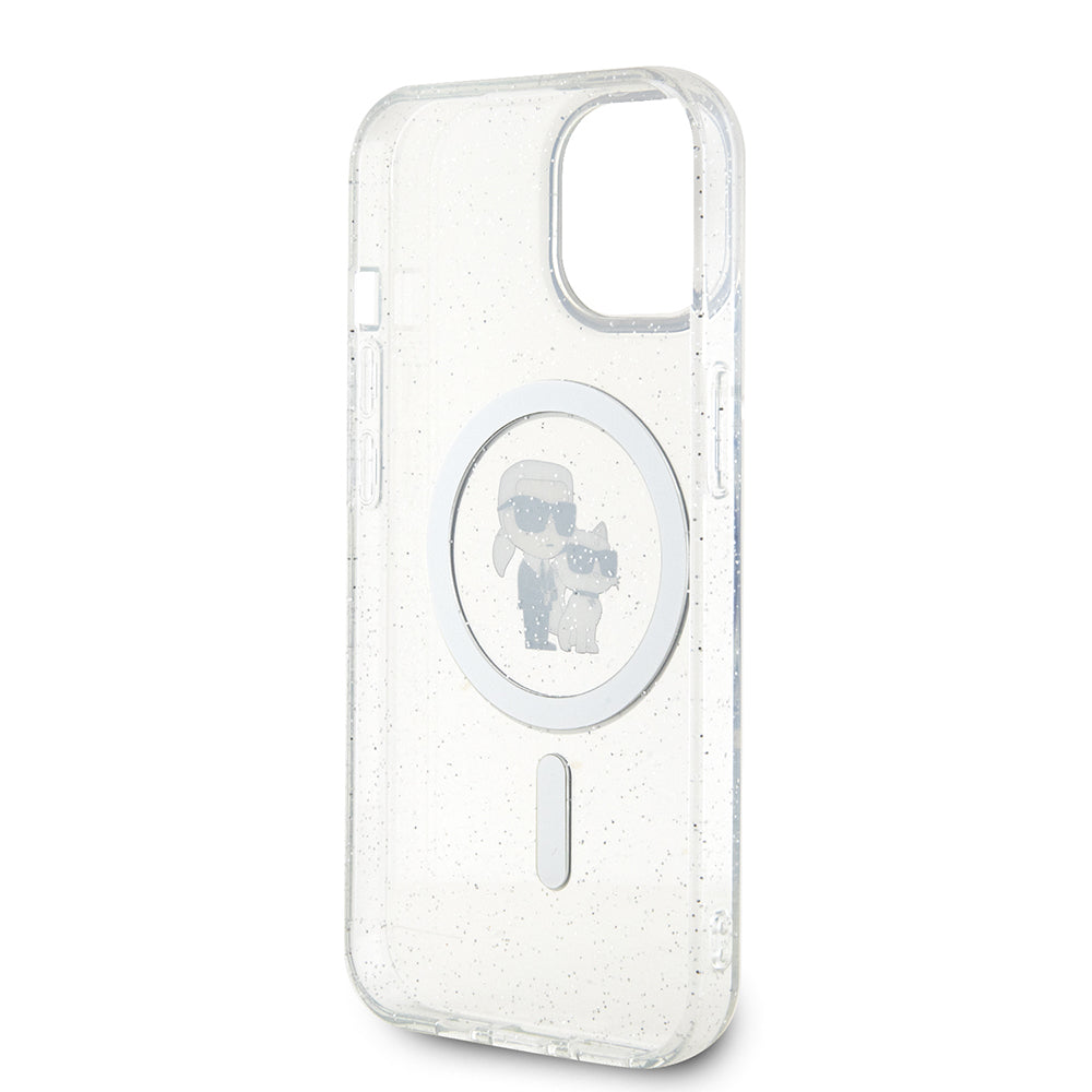 Custodia MagSafe per Apple iPhone 15 Plus, Karl Lagerfeld, Glitter Karl & Choupette, Trasparente