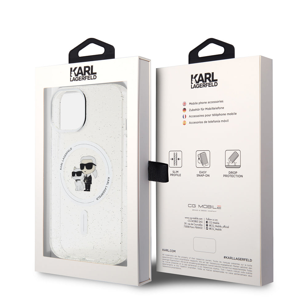 Custodia MagSafe per Apple iPhone 15 Plus, Karl Lagerfeld, Glitter Karl & Choupette, Trasparente