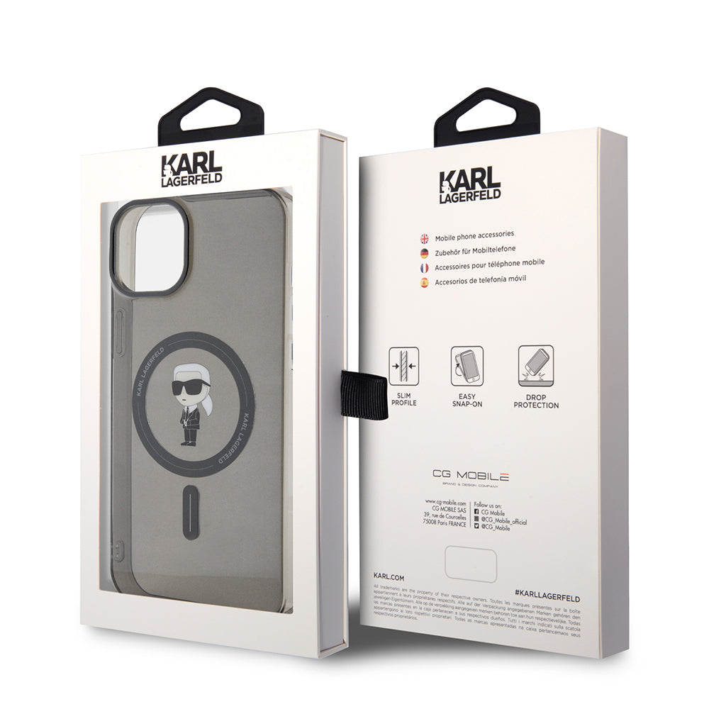 Custodia MagSafe per Apple iPhone 15 Plus, Karl Lagerfeld, IML Ikonik Karl, Nera