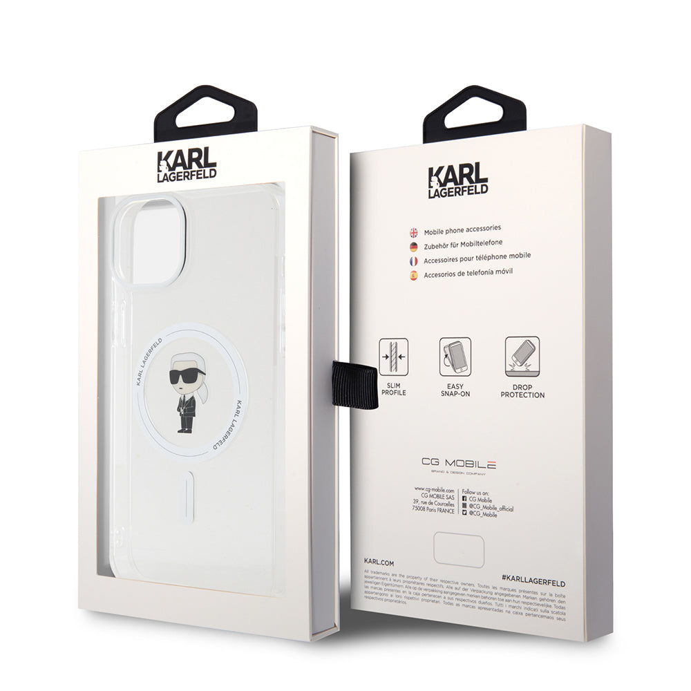 Custodia MagSafe per Apple iPhone 15 Plus, Karl Lagerfeld, IML Ikonik Karl, Trasparente