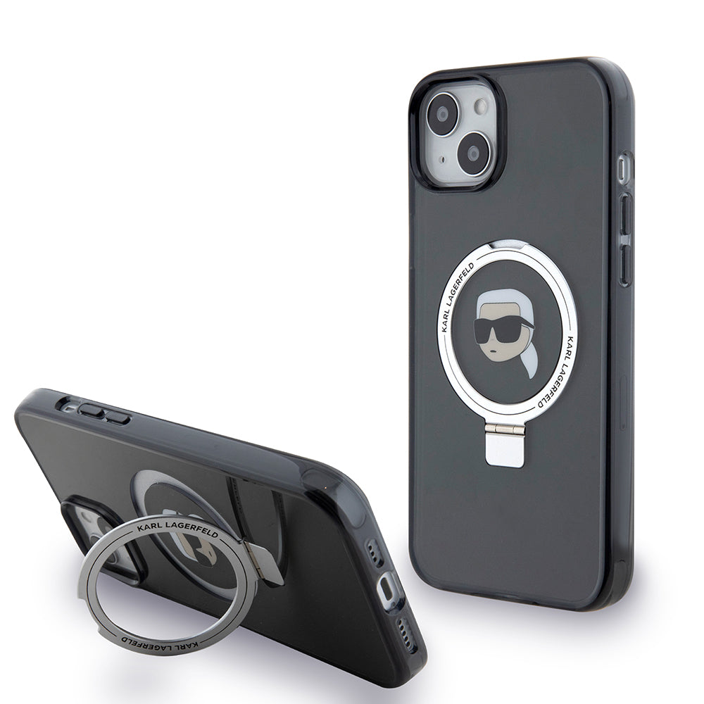 Custodia MagSafe per Apple iPhone 15 Plus, Karl Lagerfeld, Ring Stand Karl's Head, Nera