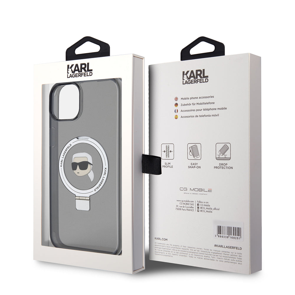 Custodia MagSafe per Apple iPhone 15 Plus, Karl Lagerfeld, Ring Stand Karl's Head, Nera