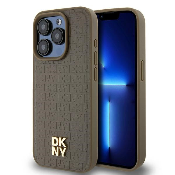 Custodia MagSafe per Apple iPhone 15 Pro, DKNY, Logo Metallico a Monogramma, Marrone