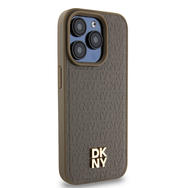 Custodia MagSafe per Apple iPhone 15 Pro, DKNY, Logo Metallico a Monogramma, Marrone