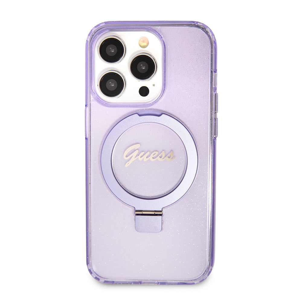 Custodia MagSafe per Apple iPhone 15 Pro, Guess, IML Ring Stand Glitter, Viola