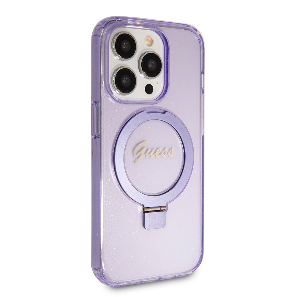 Custodia MagSafe per Apple iPhone 15 Pro, Guess, IML Ring Stand Glitter, Viola