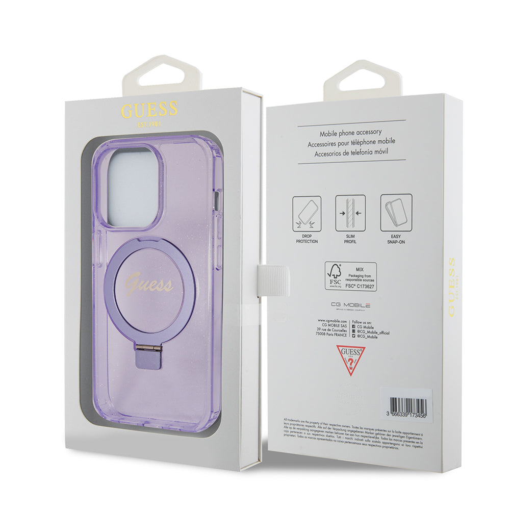 Custodia MagSafe per Apple iPhone 15 Pro, Guess, IML Ring Stand Glitter, Viola