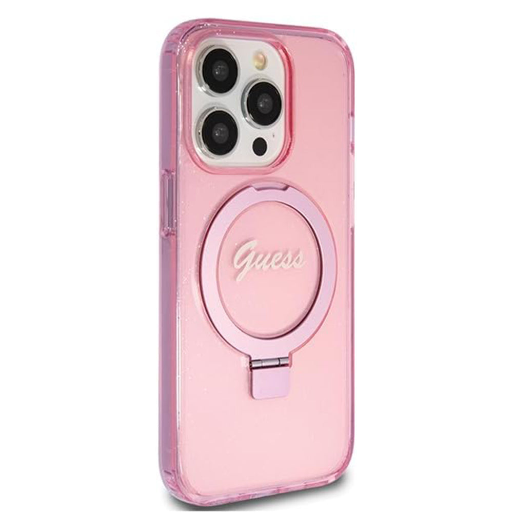 Custodia MagSafe per Apple iPhone 15 Pro, Guess, IML Ring Stand Glitter, Rosa