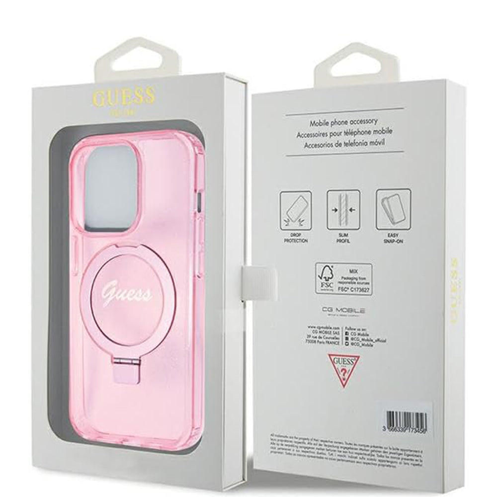 Custodia MagSafe per Apple iPhone 15 Pro, Guess, IML Ring Stand Glitter, Rosa