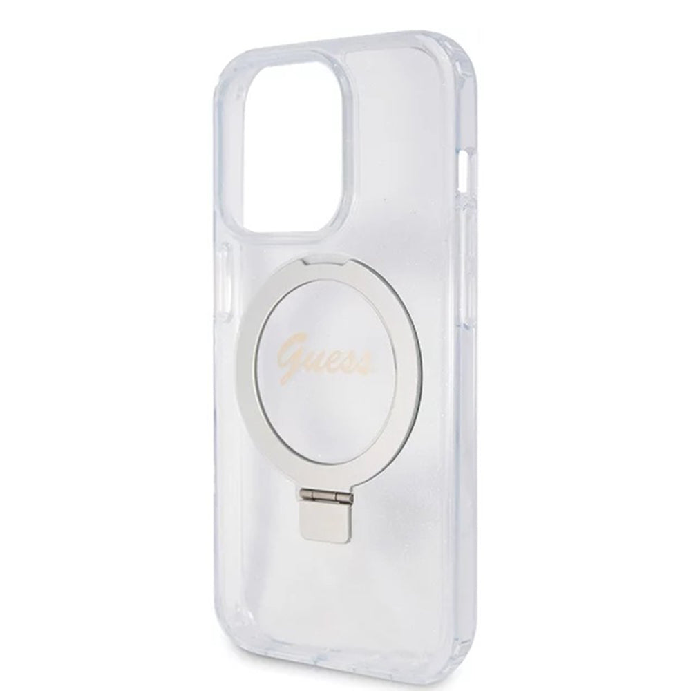 Custodia MagSafe per Apple iPhone 15 Pro, Guess, IML Ring Stand Glitter, Trasparente