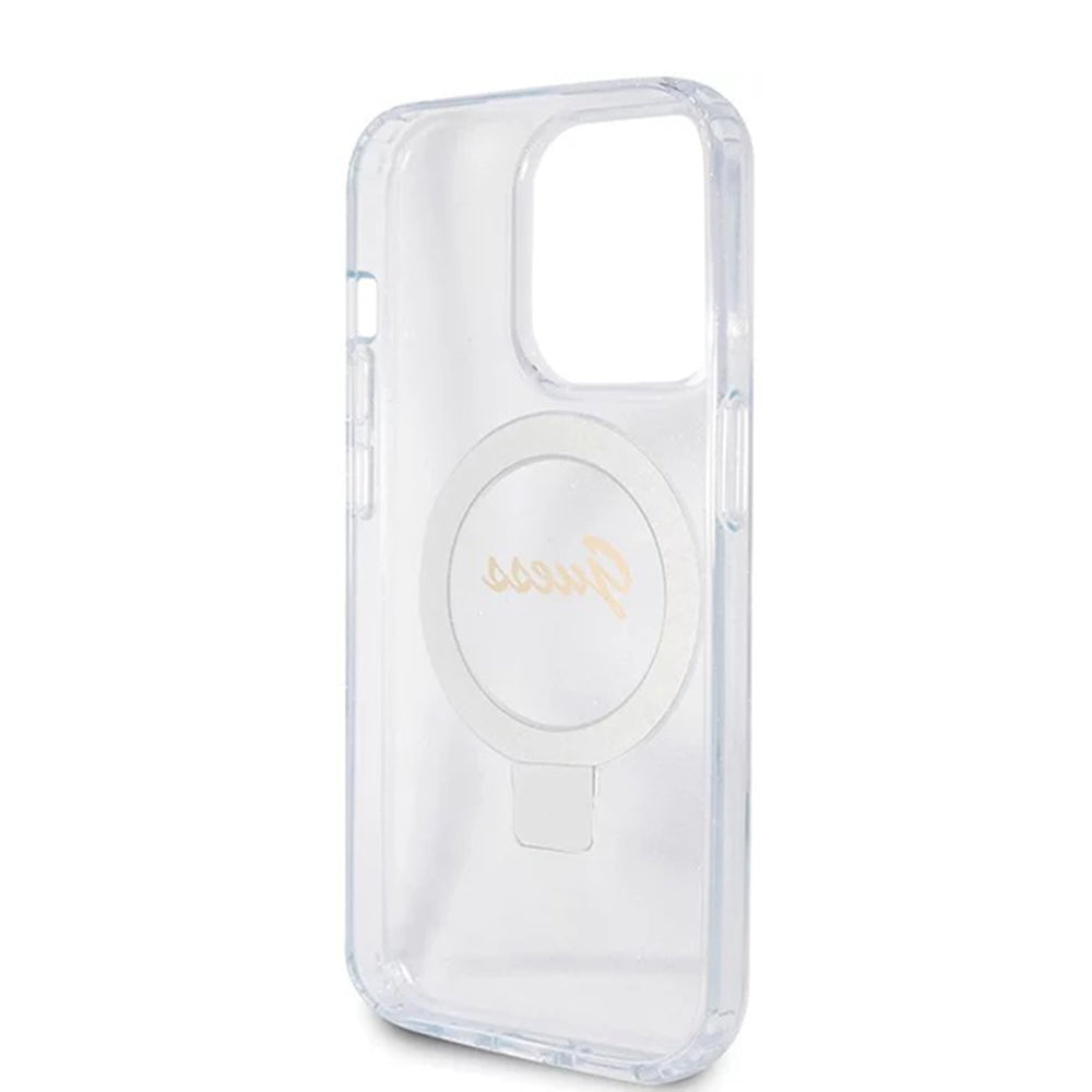 Custodia MagSafe per Apple iPhone 15 Pro, Guess, IML Ring Stand Glitter, Trasparente