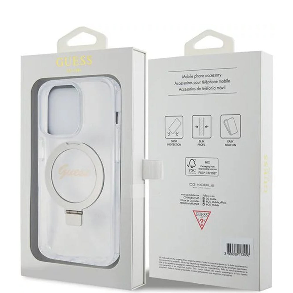 Custodia MagSafe per Apple iPhone 15 Pro, Guess, IML Ring Stand Glitter, Trasparente