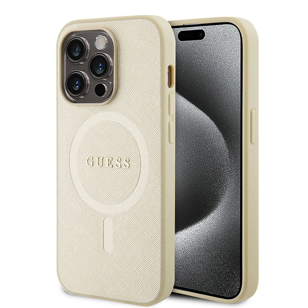 Custodia MagSafe per Apple iPhone 15 Pro, Guess, Saffiano, Beige