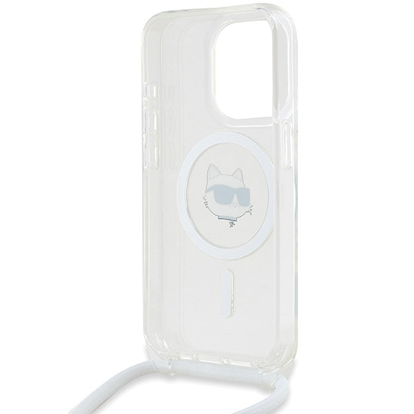 Custodia MagSafe per Apple iPhone 15 Pro, Karl Lagerfeld, IML Crossbody Choupette's Head con Tracolla, Trasparente