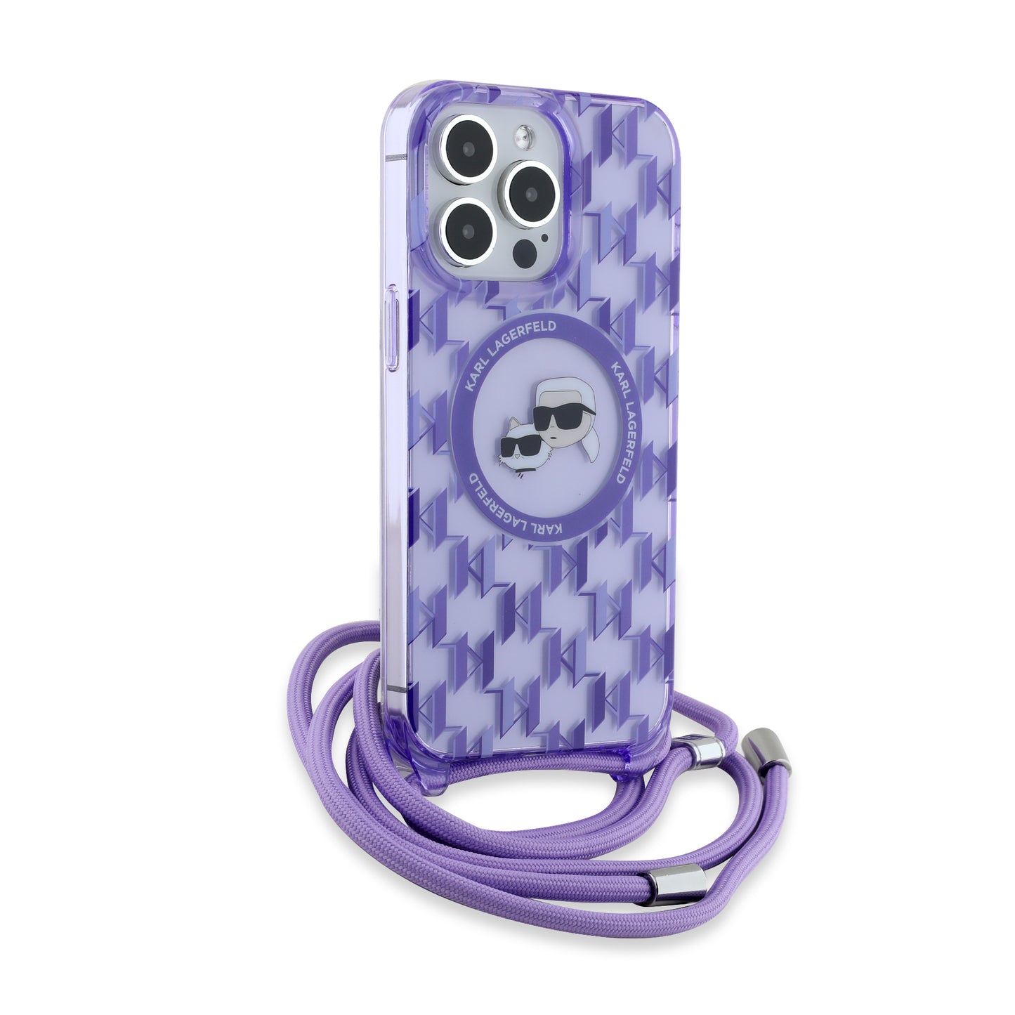 Custodia MagSafe per Apple iPhone 15 Pro, Karl Lagerfeld, IML Crossbody Monogramma Karl & Choupette's Heads, Viola