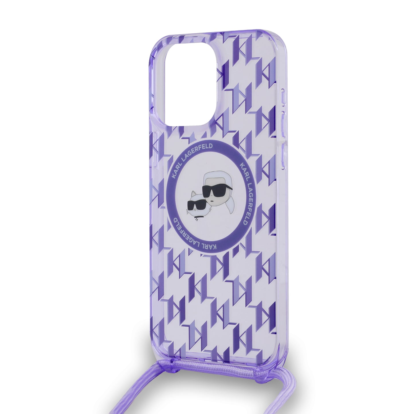 Custodia MagSafe per Apple iPhone 15 Pro, Karl Lagerfeld, IML Crossbody Monogramma Karl & Choupette's Heads, Viola