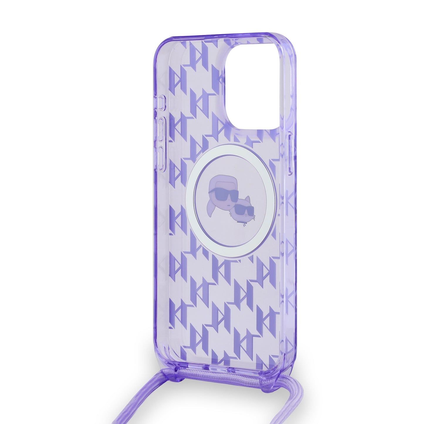 Custodia MagSafe per Apple iPhone 15 Pro, Karl Lagerfeld, IML Crossbody Monogramma Karl & Choupette's Heads, Viola