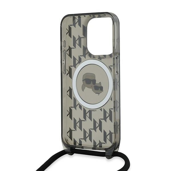 Custodia MagSafe per Apple iPhone 15 Pro, Karl Lagerfeld, IML Crossbody Monogram Karl & Choupette's Heads, Nera