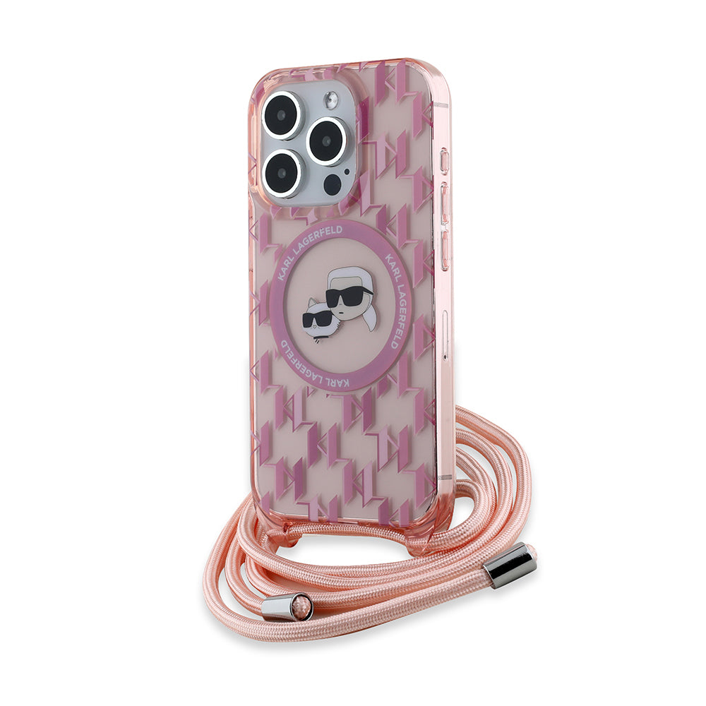 Custodia MagSafe per Apple iPhone 15 Pro, Karl Lagerfeld, IML Crossbody Monogramma Karl & Choupette's Heads, Rosa