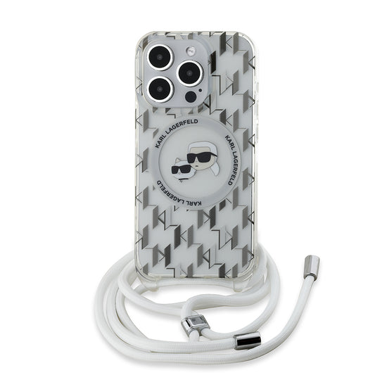 Custodia MagSafe per Apple iPhone 15 Pro, Karl Lagerfeld, IML Crossbody Monogram Karl & Choupette's Heads, Trasparente