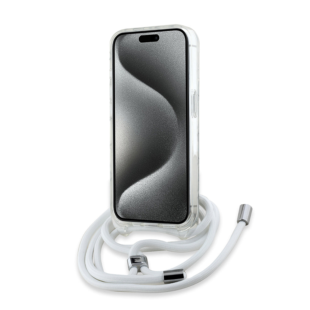 Custodia MagSafe per Apple iPhone 15 Pro, Karl Lagerfeld, IML Crossbody Monogram Karl & Choupette's Heads, Trasparente