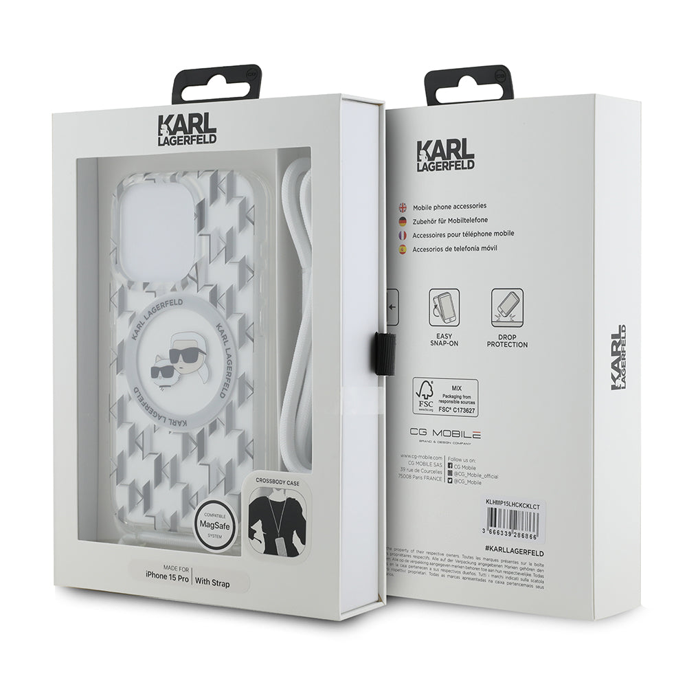 Custodia MagSafe per Apple iPhone 15 Pro, Karl Lagerfeld, IML Crossbody Monogram Karl & Choupette's Heads, Trasparente