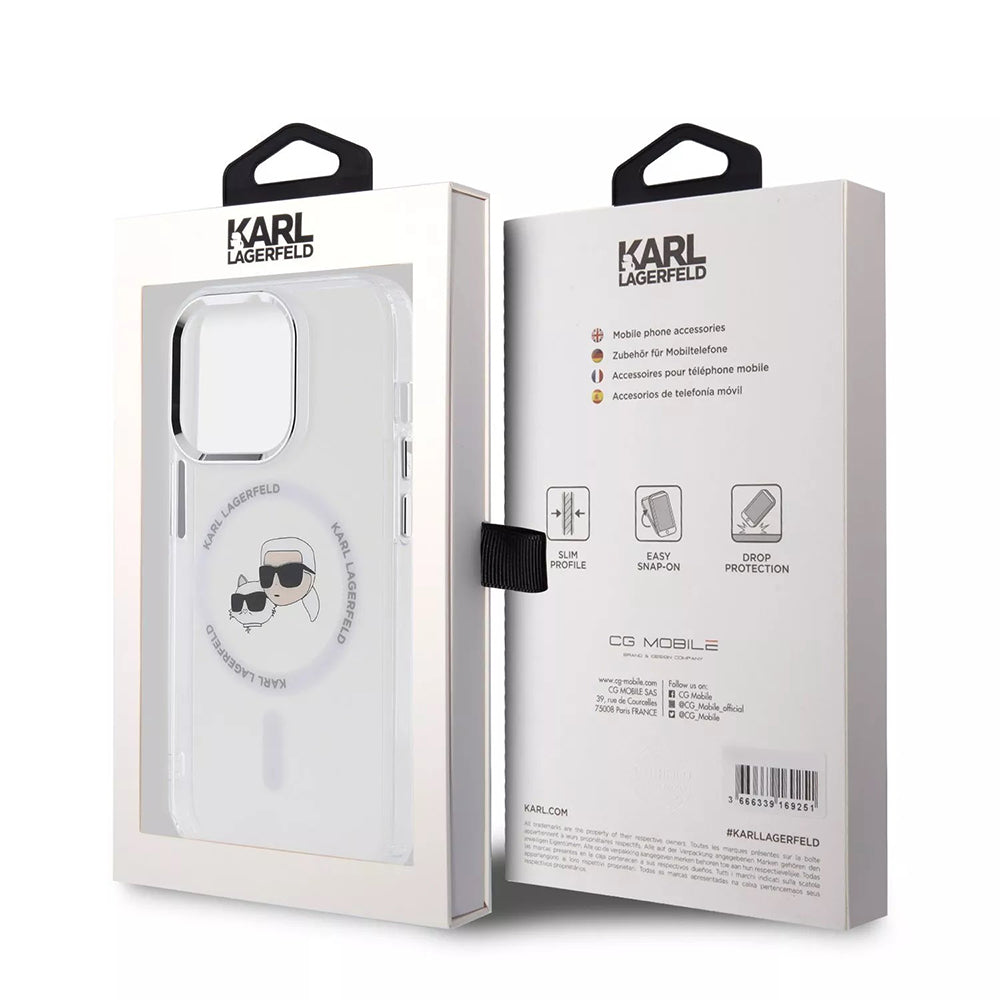 Custodia MagSafe per Apple iPhone 15 Pro, Karl Lagerfeld, IML Metal Karl & Choupette's Heads, Bianca