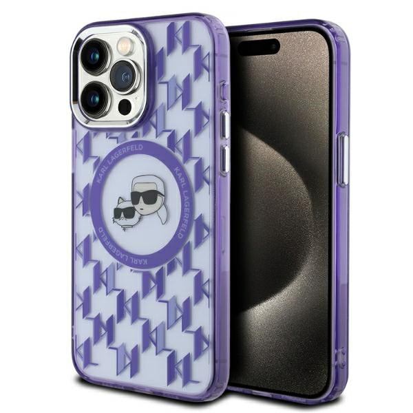 Custodia MagSafe per Apple iPhone 15 Pro, Karl Lagerfeld, IML Monogramma Karl & Choupette's Heads, Viola