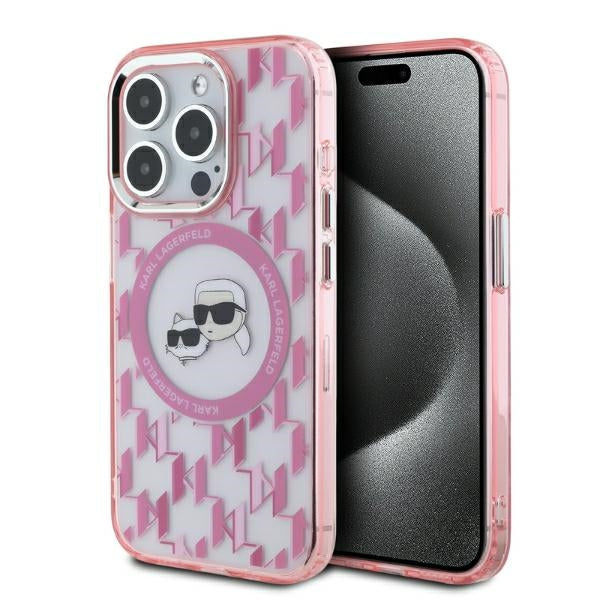Custodia MagSafe per Apple iPhone 15 Pro, Karl Lagerfeld, IML Monogramma Karl & Choupette's Heads, Rosa