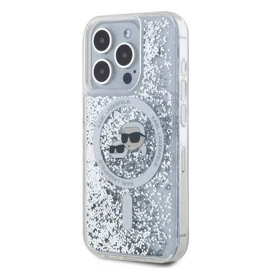 Custodia MagSafe per Apple iPhone 15 Pro, Karl Lagerfeld, Liquid Glitter Karl & Choupette's Heads, Trasparente