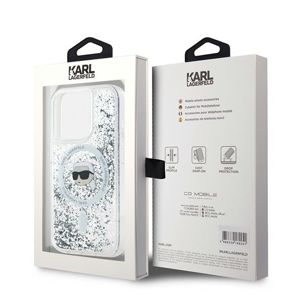 Custodia MagSafe per Apple iPhone 15 Pro, Karl Lagerfeld, Liquid Glitter Karl's Head, Trasparente