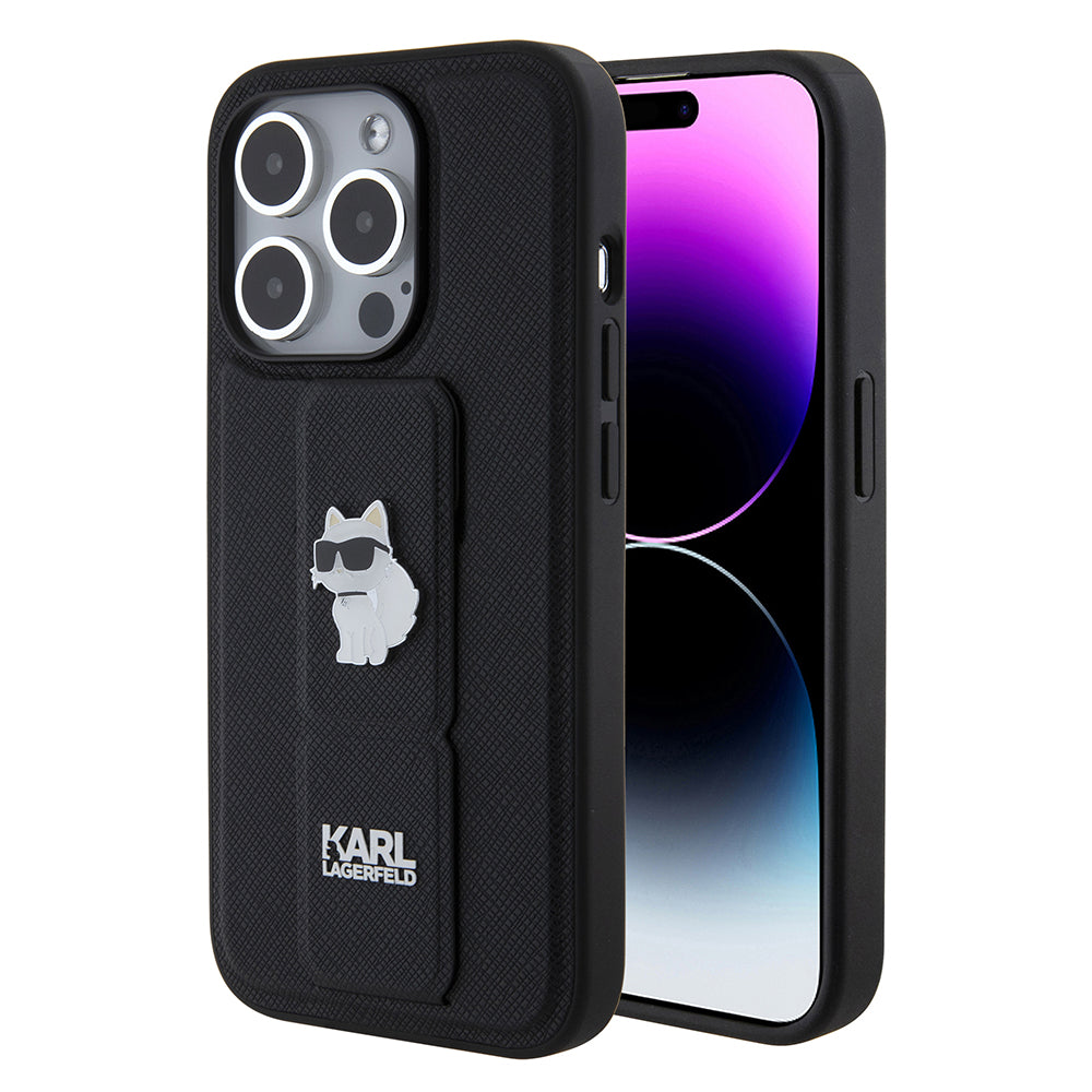 MagSafe Case for Apple iPhone 15 Pro, Karl Lagerfeld, Saffiano Gripstand Choupette, Black