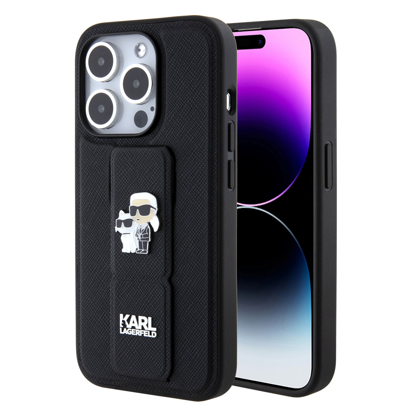 Custodia MagSafe per Apple iPhone 15 Pro, Karl Lagerfeld, Saffiano Gripstand Karl & Choupette, Nera