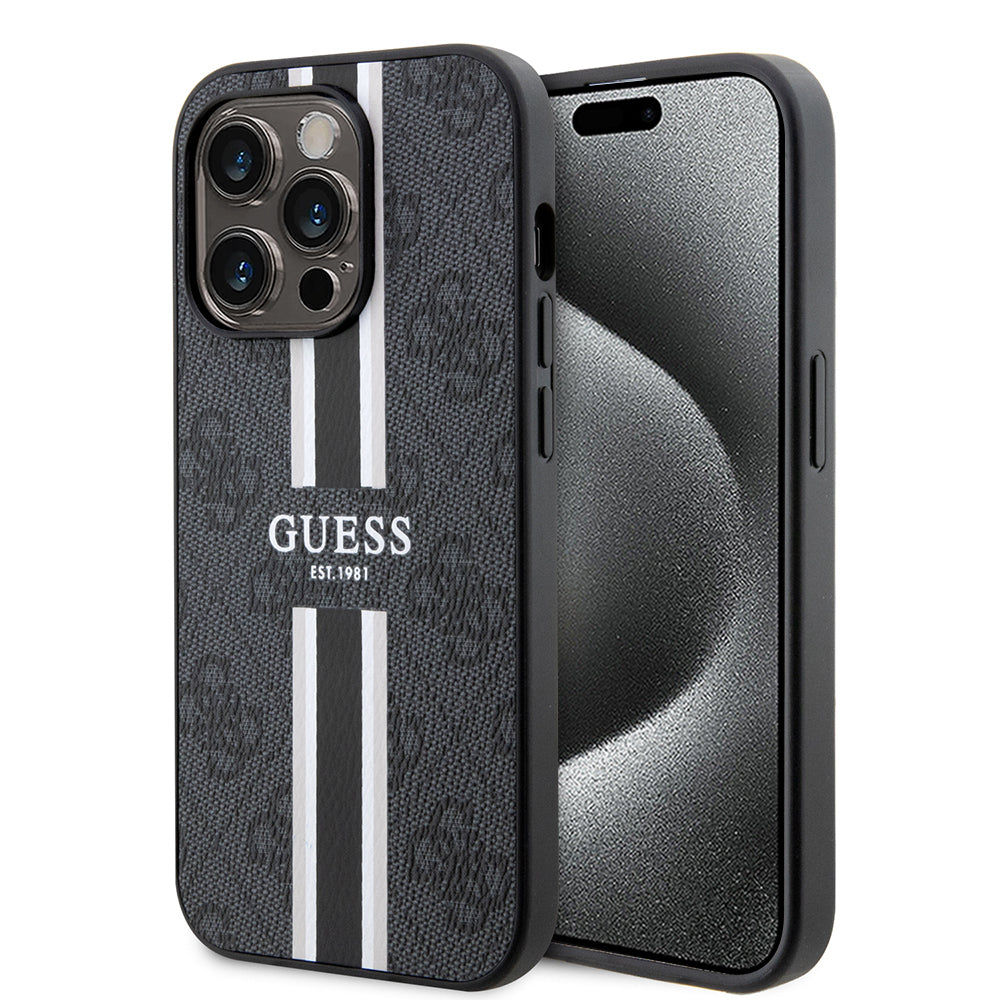 Custodia MagSafe per Apple iPhone 15 Pro Max, Guess, 4G Printed Stripes, Nera