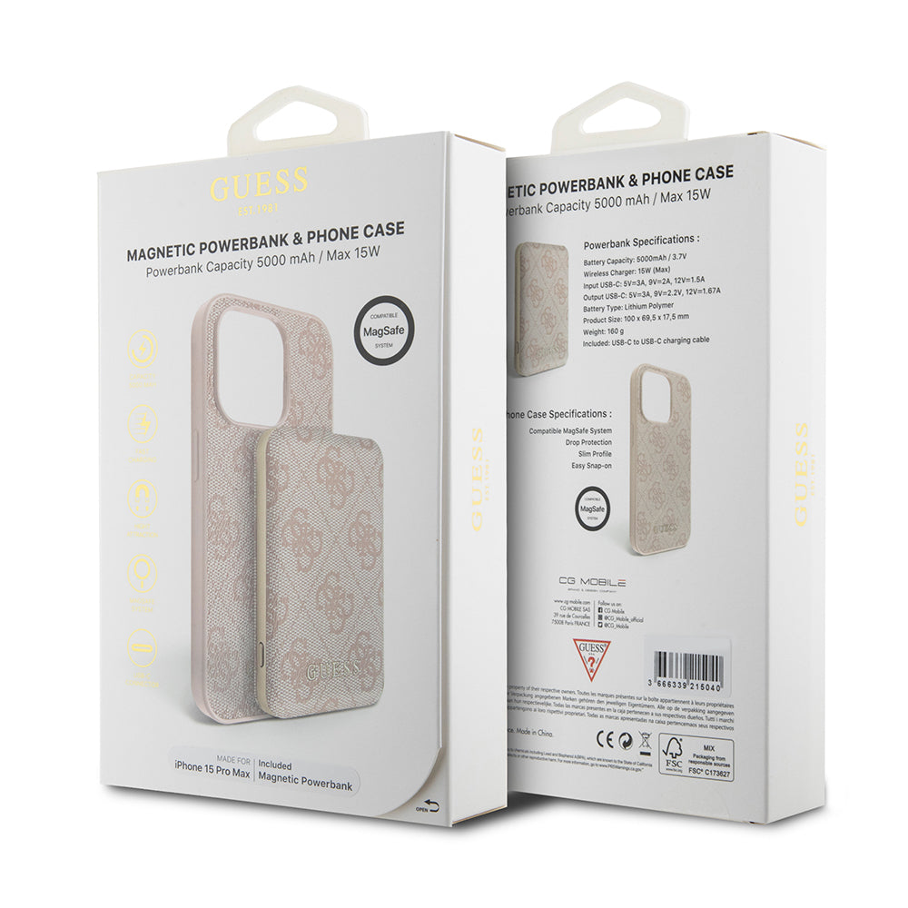 Custodia MagSafe per Apple iPhone 15 Pro Max, Guess, Powerbank 4G Metal Logo, Rosa