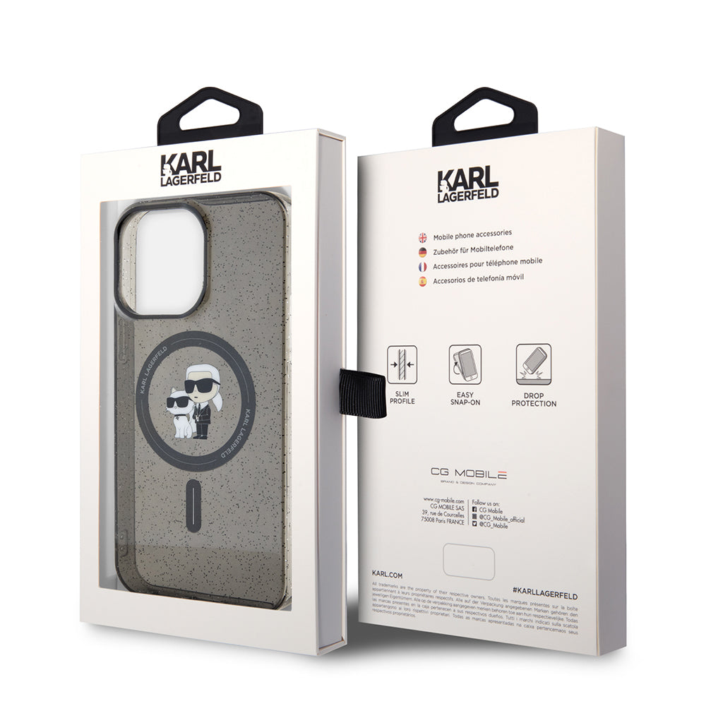Custodia MagSafe per Apple iPhone 15 Pro Max, Karl Lagerfeld, Glitter Karl & Choupette, Nera