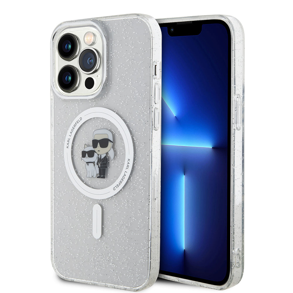 Custodia MagSafe per Apple iPhone 15 Pro Max, Karl Lagerfeld, Glitter Karl & Choupette, Trasparente