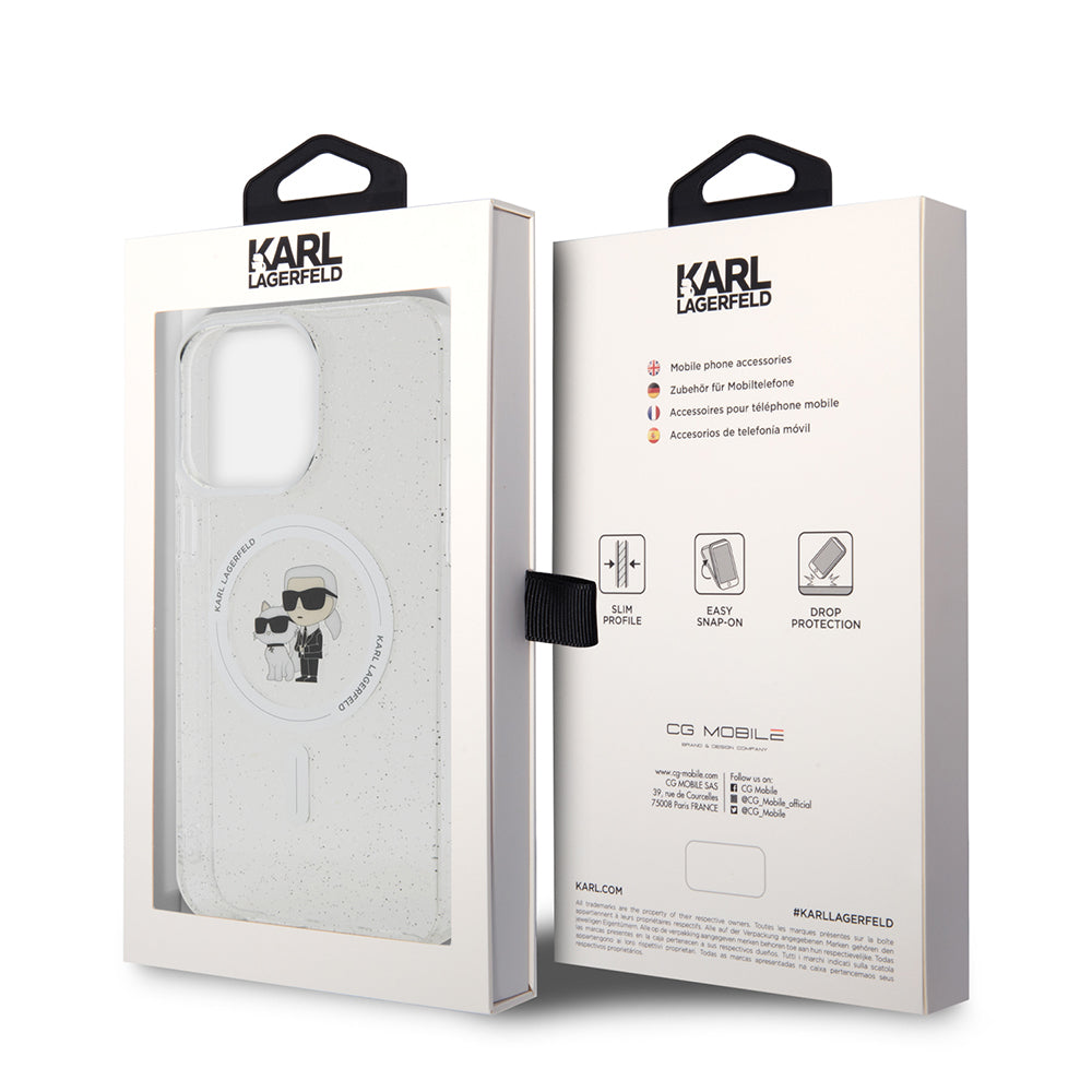 Custodia MagSafe per Apple iPhone 15 Pro Max, Karl Lagerfeld, Glitter Karl & Choupette, Trasparente