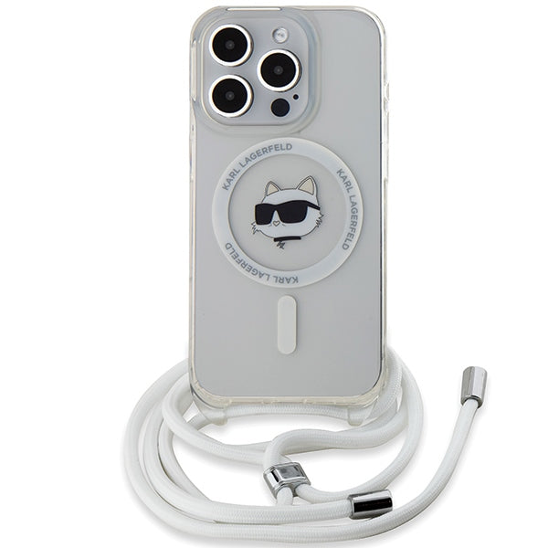 Custodia MagSafe per Apple iPhone 15 Pro Max, Karl Lagerfeld, IML Crossbody Choupette's Head con Tracolla, Trasparente