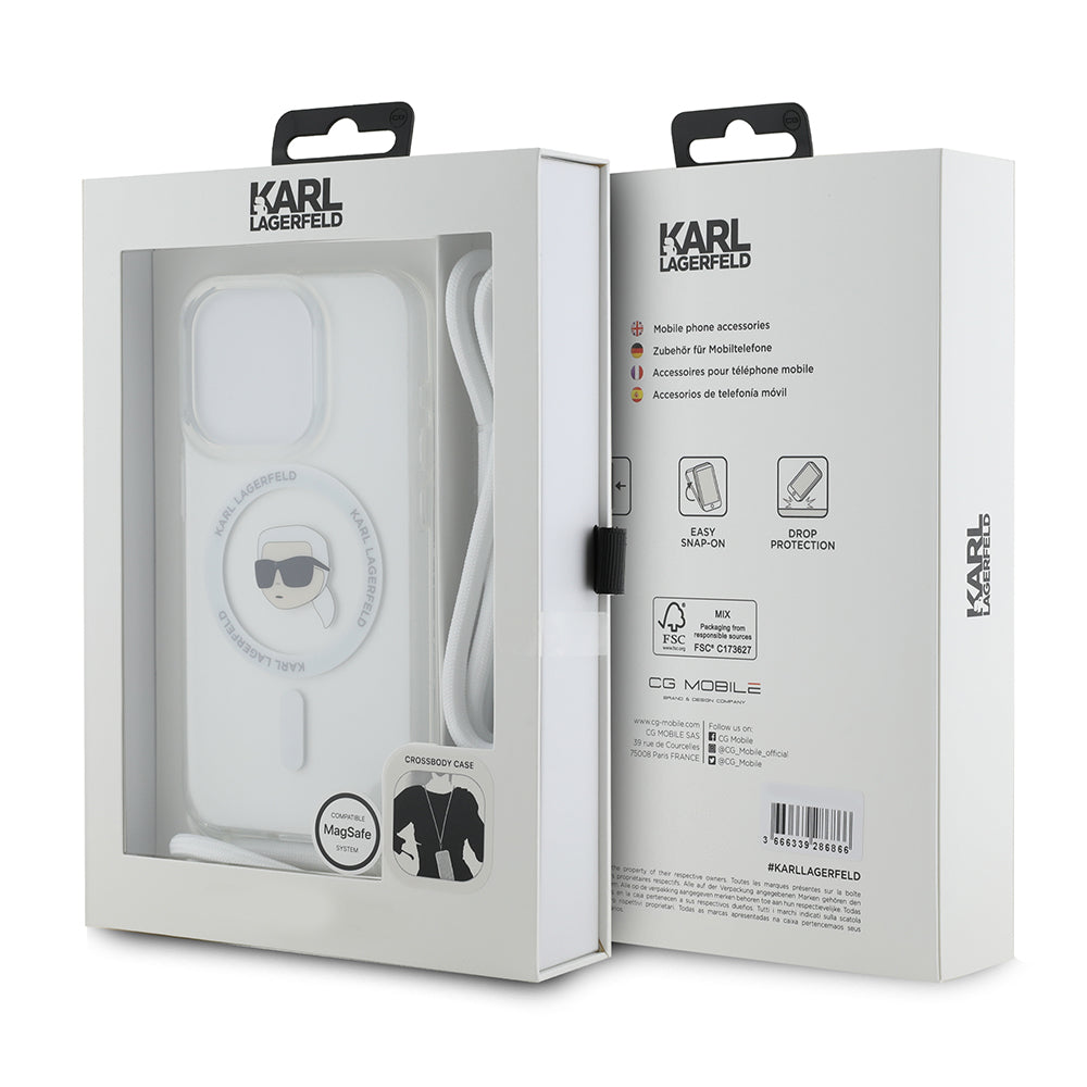 Custodia MagSafe per Apple iPhone 15 Pro Max, Karl Lagerfeld, IML Crossbody Karl's Head, Trasparente