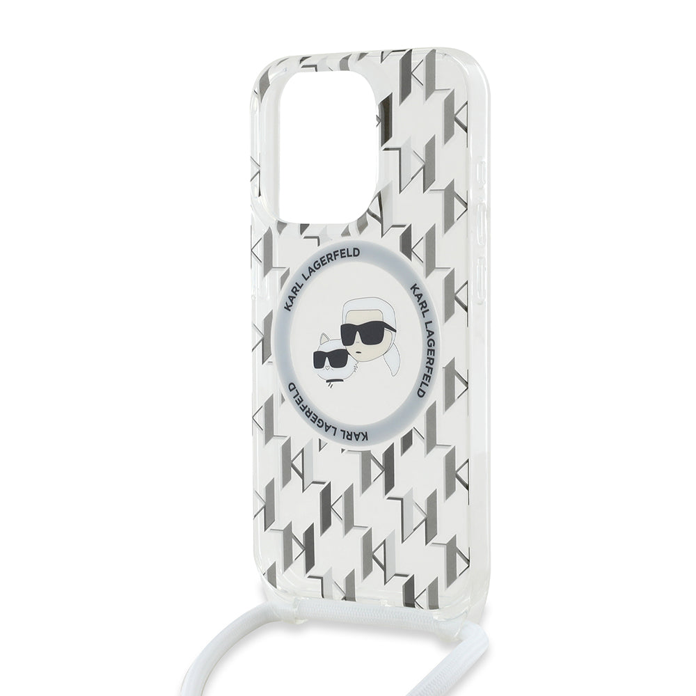 Custodia MagSafe per Apple iPhone 15 Pro Max, Karl Lagerfeld, IML Crossbody Monogram Karl & Choupette's Heads, Trasparente