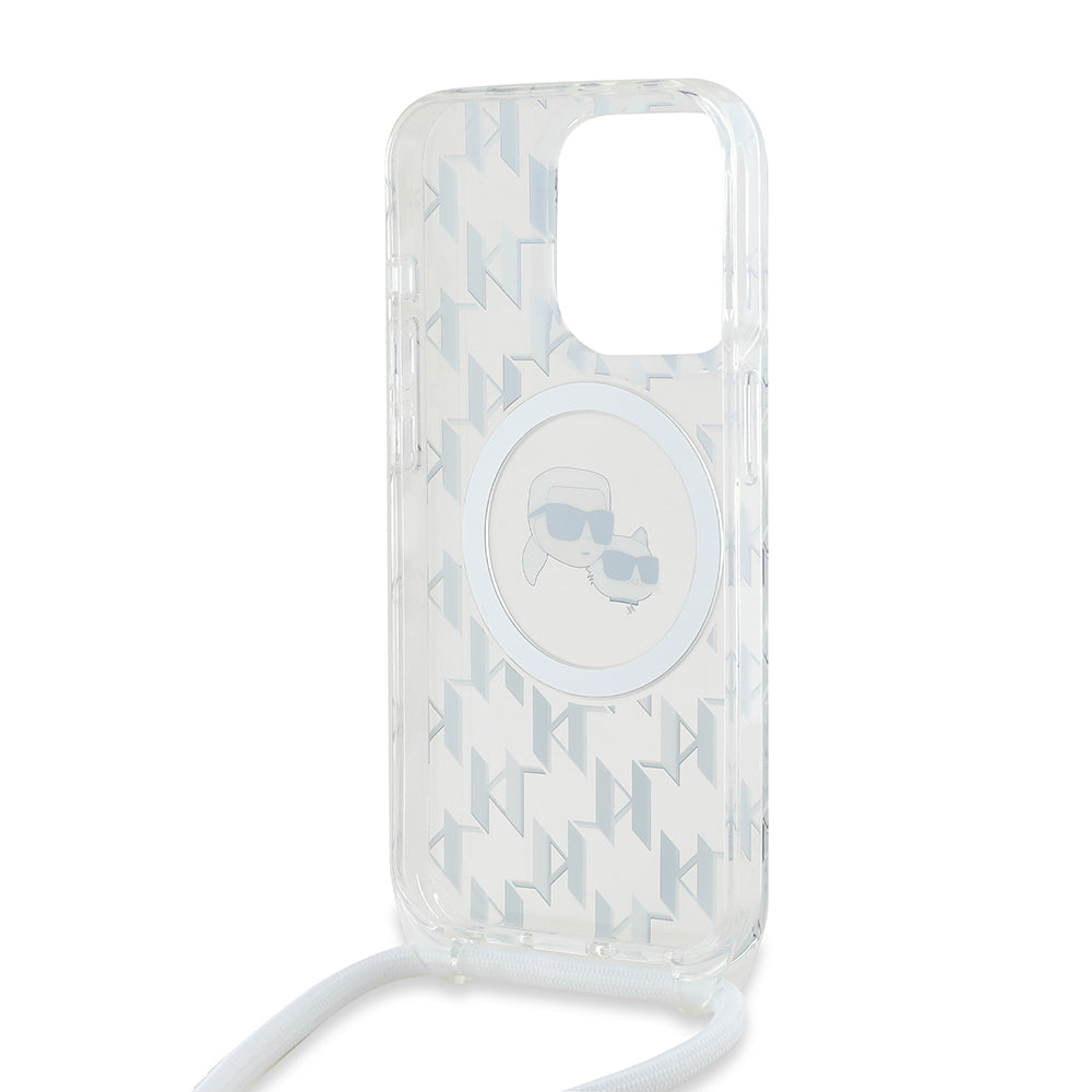 Custodia MagSafe per Apple iPhone 15 Pro Max, Karl Lagerfeld, IML Crossbody Monogram Karl & Choupette's Heads, Trasparente