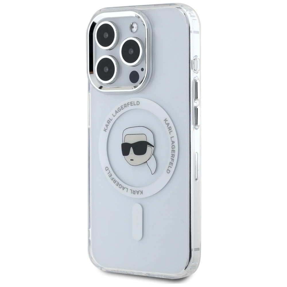 Custodia MagSafe per Apple iPhone 15 Pro Max, Karl Lagerfeld, IML Metal Karl's Head, Bianca
