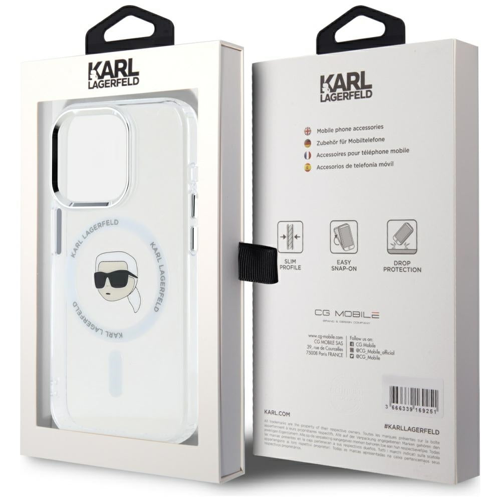 Custodia MagSafe per Apple iPhone 15 Pro Max, Karl Lagerfeld, IML Metal Karl's Head, Bianca