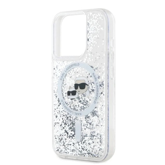 Custodia MagSafe per Apple iPhone 15 Pro Max, Karl Lagerfeld, Liquid Glitter Karl & Choupette's Heads, Trasparente